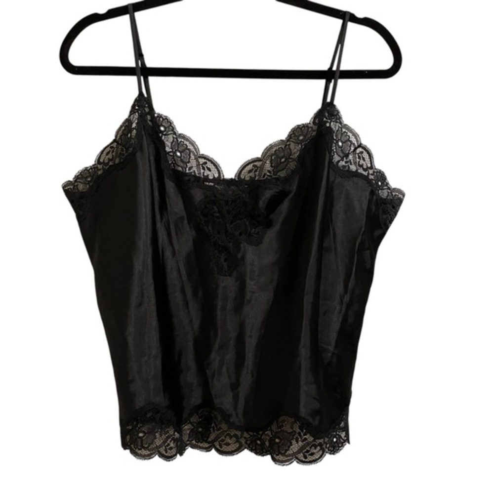 VICTORIAS SECRET Vtg 90s Era Black Satin Lace Trim Cami Lingerie Top Size Large